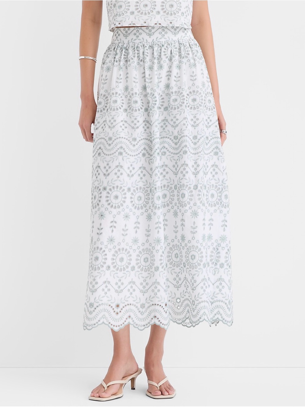 LOFT NWT White Midi Skirt with Light Teal Eyelet Embroidery